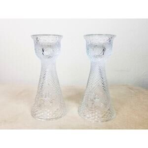 Avon Fostoria Candle Holder 1979 Clear Glass 7 1/2" Accent Diamonds Hearts x2